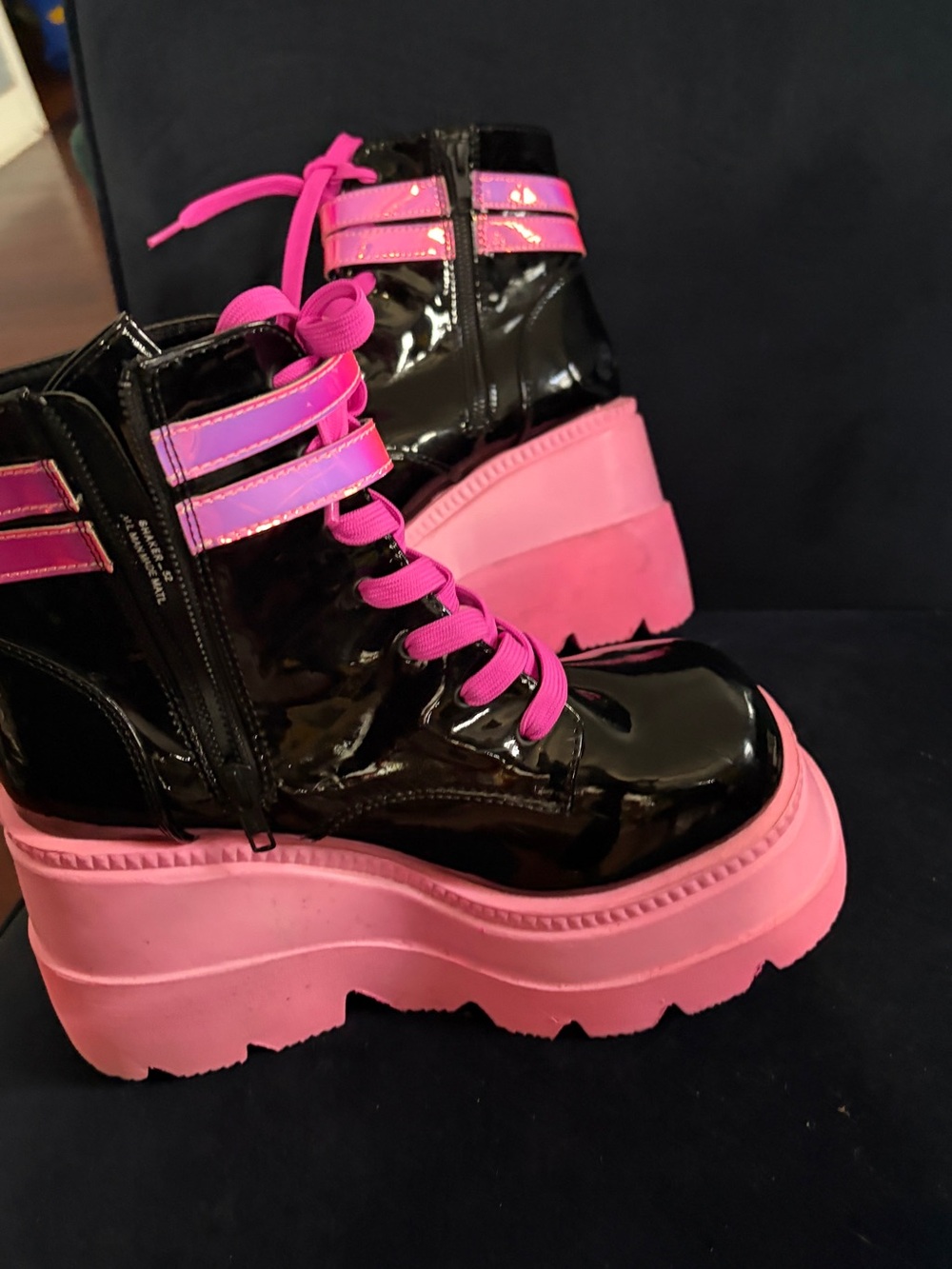 Patent Black Platform Lace-Up Boots with Hot Pink Accents - Picture 3 of 6